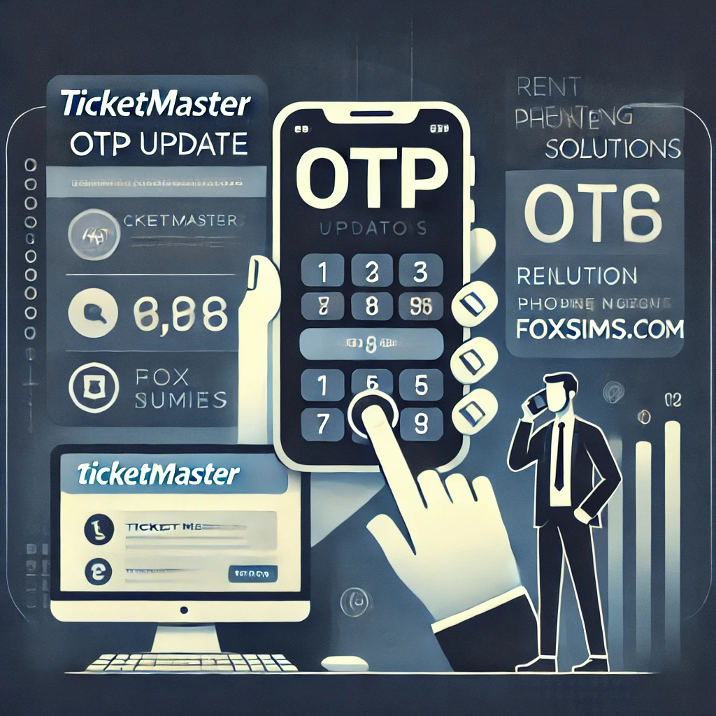 Ticketmaster OTP update showing a phone displaying an OTP code and a computer with the Ticketmaster website, highlighting solutions like renting phone numbers from FoxSims.com