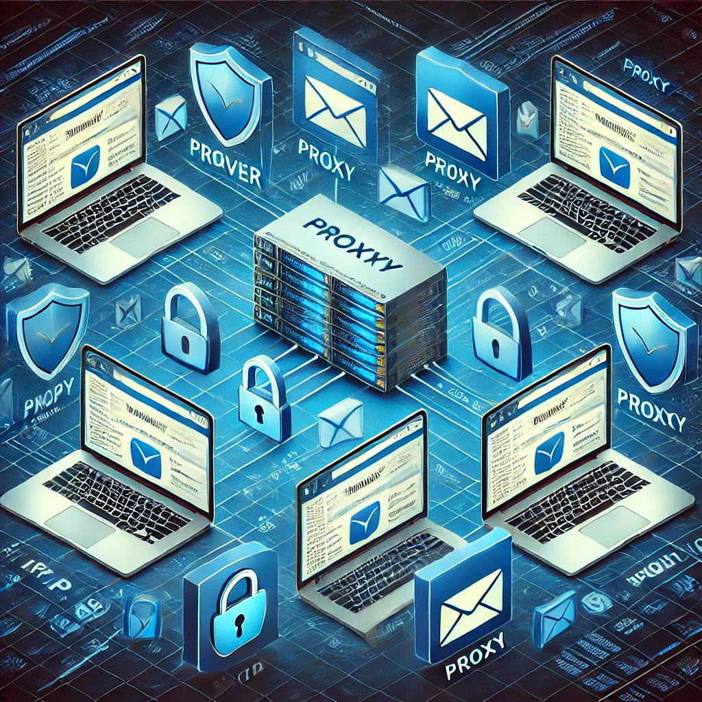 Illustration of multiple browser windows managing email accounts, each with unique IP and proxy settings. Security icons such as padlocks and shields emphasize digital privacy and protection, with a proxy server in the background connecting to the browsers, symbolizing secure management of multiple email accounts